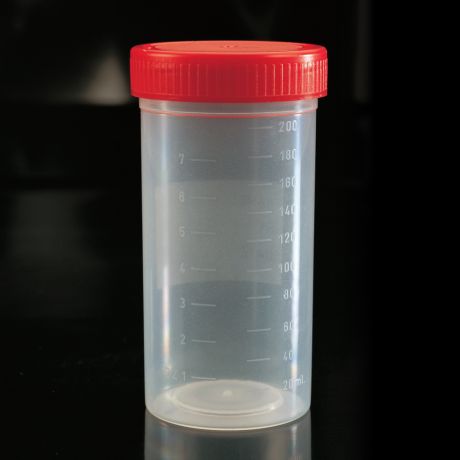 Csavaros mintatároló, 200 ml, PE, piros kupakkal